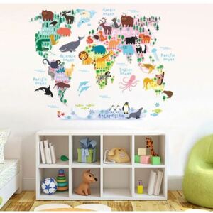 Naklejka Dziecięca mapa świata zwierzątka, 90 x 70 cm