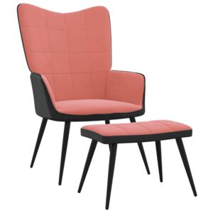 Fotel z podnóżkiem, różowy, obity aksamitem i PVC