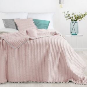 Narzuta na łóżko pikowana pomponiki 220x240 cm różowa 220x240
