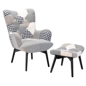 Fotel tapicerowany z podnóżkiem czarno-biały VEJLE