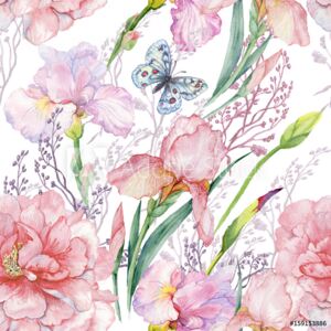 Fototapeta bezszwowy wzór irises peonie kwitnie butterfly exotic druku tkanina, Wallpaper watercolor