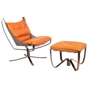 Nowoczesny fotel Arni Low z podnóżkiem - pomarańczowa ekoskóra, miedź
