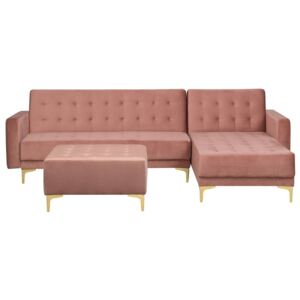 Sofa rozkładana welurowa różowa lewostronna z otomaną ABERDEEN