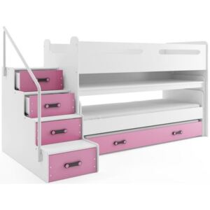 Zestaw mebli 3el. łóżko piętrowe z szufladą i materacami 200x80cm, schodki, biurko MAX, kolor biało-różowy