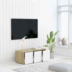 Szafka pod TV, biel i dąb sonoma, 80x34x30 cm, płyta wiórowa
