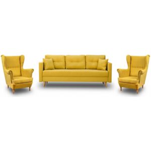 Zestaw Wypoczynkowy Sofa z Funkcją Spania + 2 Fotele Uszak Musztardowy