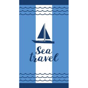 Ręcznik plażowy 90x160 Ibiza 07 żaglówka Sea Travel pasy granatowe białe niebieskie