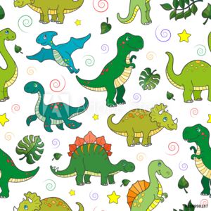 Fototapeta Bezszwowy wzór z kolorowymi dinosaurami i liśćmi, zwierzęta na białym tle