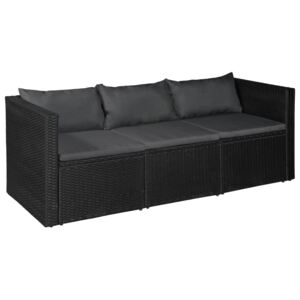 Sofa 3-osobowa, polirattan, 180x70x66 cm, czarno-ciemnoszara