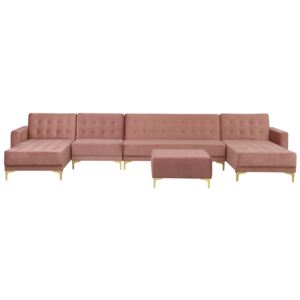 Sofa rozkładana XXL welur różowa z otomaną ABERDEEN
