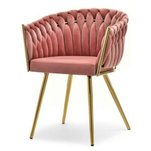 EKSKLUZYWNY MAŁY FOTEL W STYLU GLAMOUR ROSA RÓŻOWY PLECIONY ZE ZŁOTYMI NOGAMI