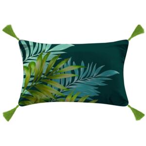 Poduszka dekoracyjna z frędzlami VIANE, 30 x 50 cm, zielona z motywem liści palmy
