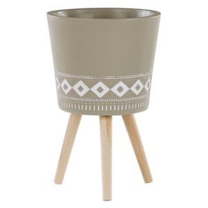 Kwietnik beżowoszary ceramiczny nogi z drewna bukowego okrągły ø 41 cm styl skandynawski nowoczesny Beliani