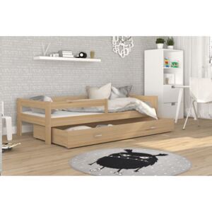Drewniane łóżko dziecięce z barierką i szufladą sosna