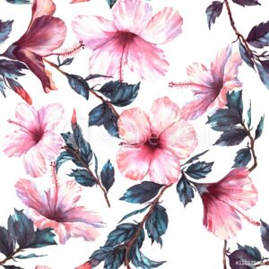 Fototapeta Ręcznie rysowane akwarela kwiatowy wzór z przetargu białe i różowe kwiaty hibiskusa