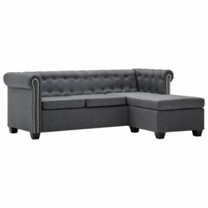 Sofa z leżanką w stylu Chesterfield, obita tkaniną, ciemnoszara