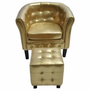 Półokrągły fotel z podnóżkiem, skóra syntetyczna, złoty
