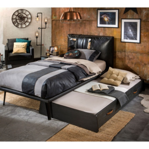 Łóżko młodzieżowe Dark Metal z płyty wiórowej i metalu, z szufladą i tapicerowanym zagłówkiem, czarno - grafitowe, 200x100 cm