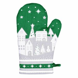 Rękawica świąteczna „Wioska zimą” zielony, 18 x 28 cm
