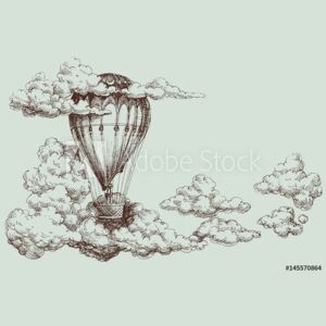 Fototapeta Gorące powietrze balon w niebo, retro plakat