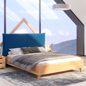 Łóżko drewniane bukowe Visby VIVIEN VBNF670 z tapicerowanym zagłówkiem / naturalny buk + granatowy zagłówek