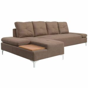 Sofa w kształcie L, brązowa, taca drewniana, XXL, 300 cm