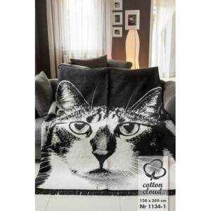 Koc bawełniano-akrylowy 150x200 wzór 1134/1 Kot kotek szary czarny