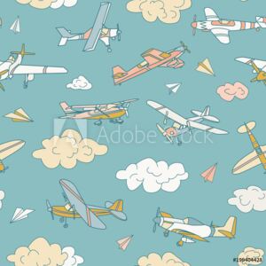 Fototapeta Retro samoloty w różnych modnych kolorach wzór Płaska konstrukcja ilustracja