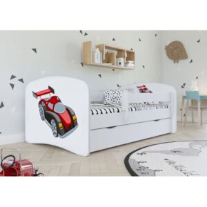 Łóżko z szufladą 140x70cm BABYDREAMS grafika AUTO WYŚCIGOWE, kolor biały