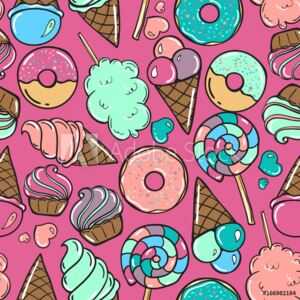 Fototapeta Bezszwowy wzór z cukierkiem, donuts słodkim lody i innymi elementami Na różo