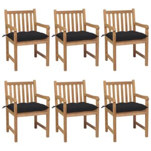 Krzesła ogrodowe z czarnymi poduszkami, 6 szt., drewno tekowe
