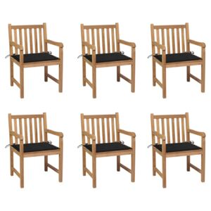 Krzesła ogrodowe, czarne poduszki, 6 szt., lite drewno tekowe