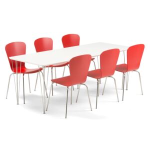 Zestaw mebli do stołówki ZADIE + MILLA, stół + 6 krzeseł, czerwony