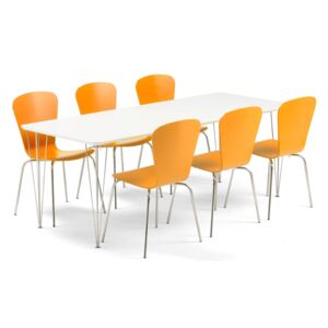 Zestaw mebli do stołówki ZADIE + MILLA, stół + 6 krzeseł, pomarańczowy