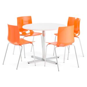 Zestaw do stołówki TILO + JUNO, okrągły stół, 4 krzesła, pomarańczowy