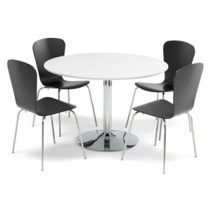 Zestaw do stołówki, stół Ø1100 mm, biały + 4 czarne krzesła