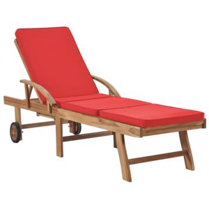 Leżak z poduszką, lite drewno tekowe, czerwony