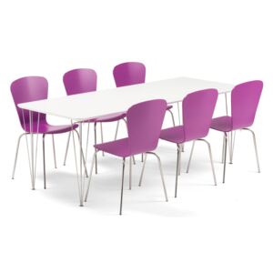 Zestaw mebli do stołówki ZADIE + MILLA, stół + 6 krzeseł, fioletowy