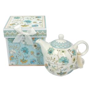 Porcelanowy dzbanek na herbatę z filiżanką Niebieskie kwiaty w pudełku prezentowym