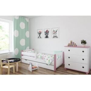 Łóżko z szufladą i materacem LEON 160x80cm kolor biało-różowy