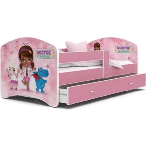 Łóżko z szufladą 160x80cm grafika PLUSZAKI, kolor różowy