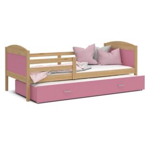 Łóżko podwójne wysuwane z szufladą 190x80cm, kolor sosna-różowy