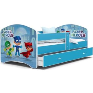 Łóżko z szufladą 160x80cm grafika SUPER HEROES, kolor niebieski