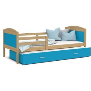 Łóżko podwójne wysuwane z szufladą 190x80cm, kolor sosna-niebieski