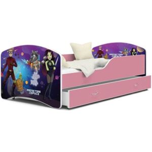 Łóżko dziecięce z szufladą 160x80cm grafika KOSMOS, kolor RÓŻOWY