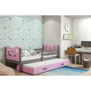 Łóżko podwójne wysuwane z szufladą i materacami MIKO 190x80cm, kolor szaro-różowy
