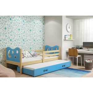 Łóżko podwójne wysuwane z szufladą i materacami MIKO 190x80cm, kolor sosna-niebieski