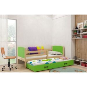 Łóżko podwójne wysuwane z szufladą i materacami TAMI 190x80cm, kolor sosna-zielony