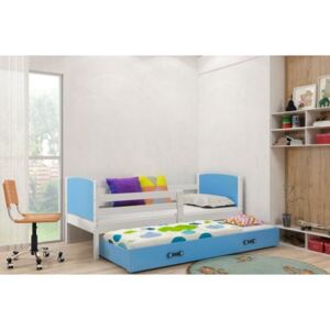 Łóżko podwójne wysuwane z szufladą i materacami TAMI 190x80cm, kolor biało-niebieski