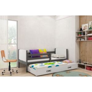 Łóżko podwójne wysuwane z szufladą i materacami TAMI 190x80cm, kolor szaro-biały